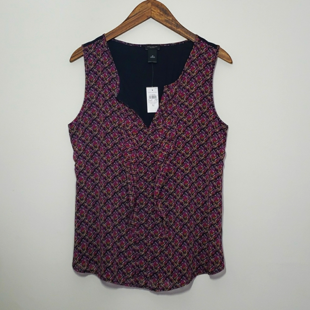 Ann Taylor Factory Sleeveless Ruffle Front Print Blouse Tunic Top Size M NWT
